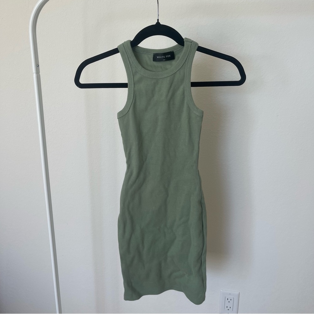 White Fox sage green thick ribbed high neck mini dress